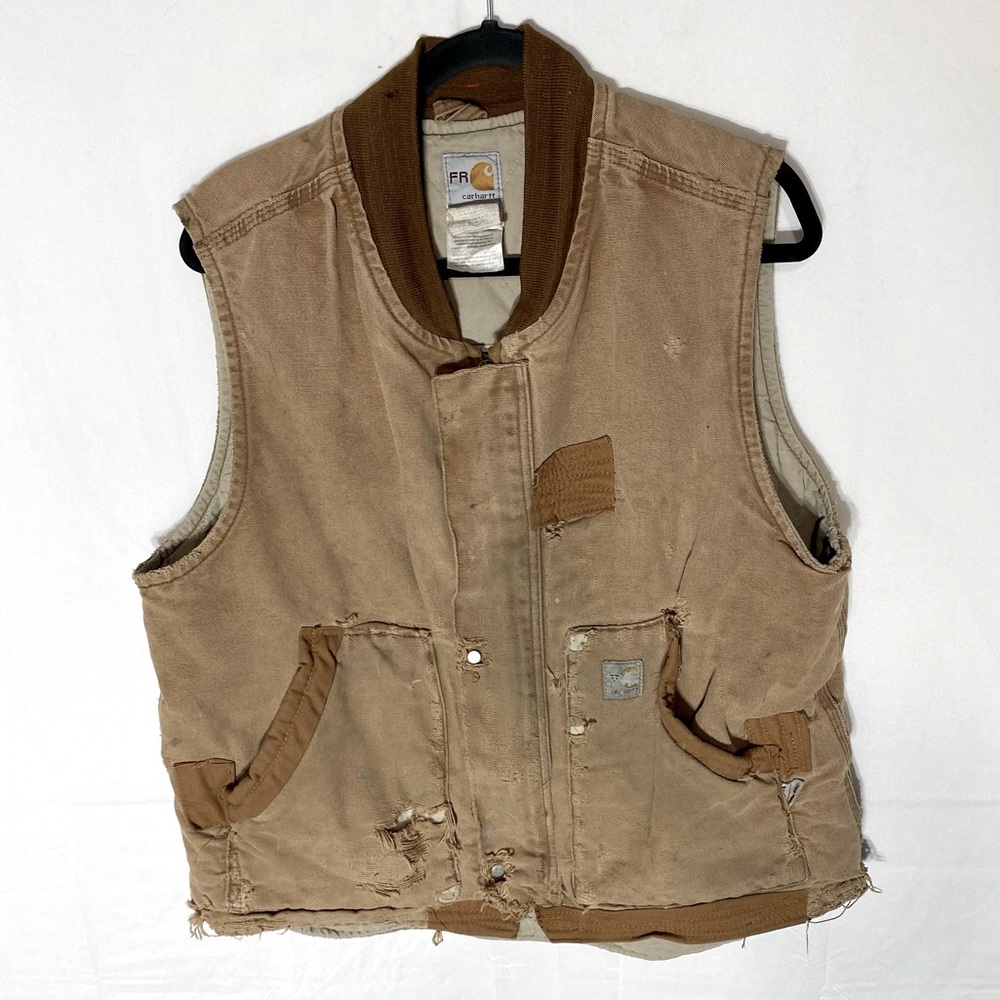Carhartt Fire Resistant Thrashed Destroyed Distressed Tan Duck Canvas Vest L